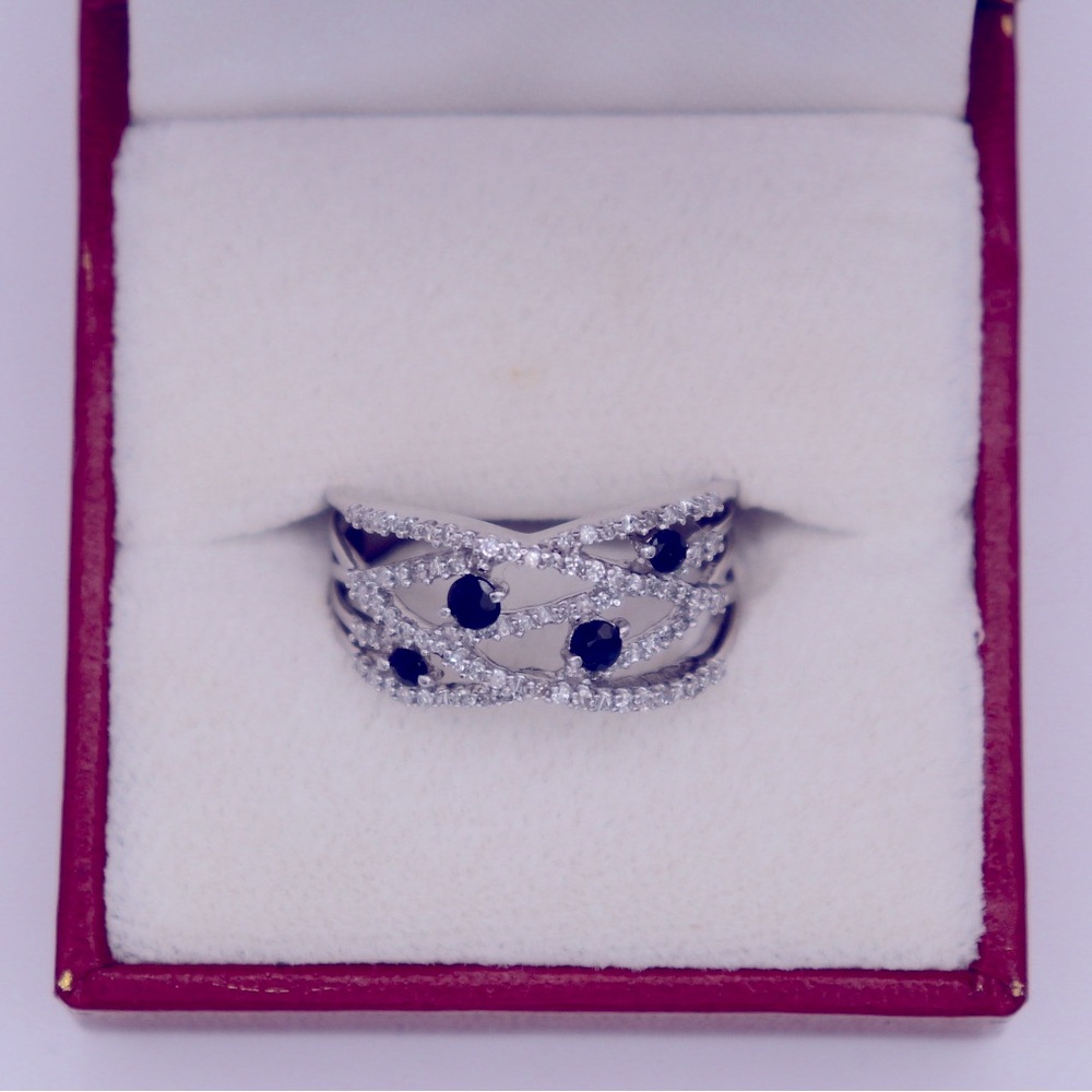 GENUINE Blue Sapphire and Diamond Ring; 14k W. Gold; Sz 6.5 New Rhodium Plating!